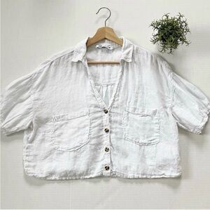 Zara Cropped White Button Front Collared Short Sleeve Top